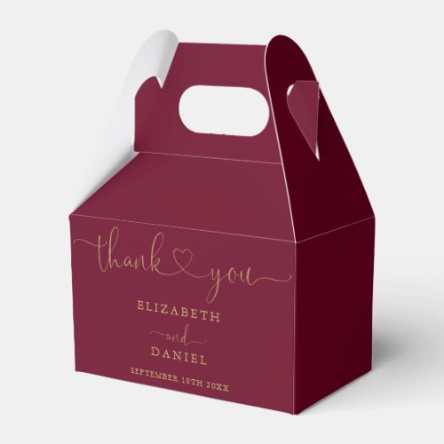 Burgundy And Gold Heart Script Wedding Favor Boxes