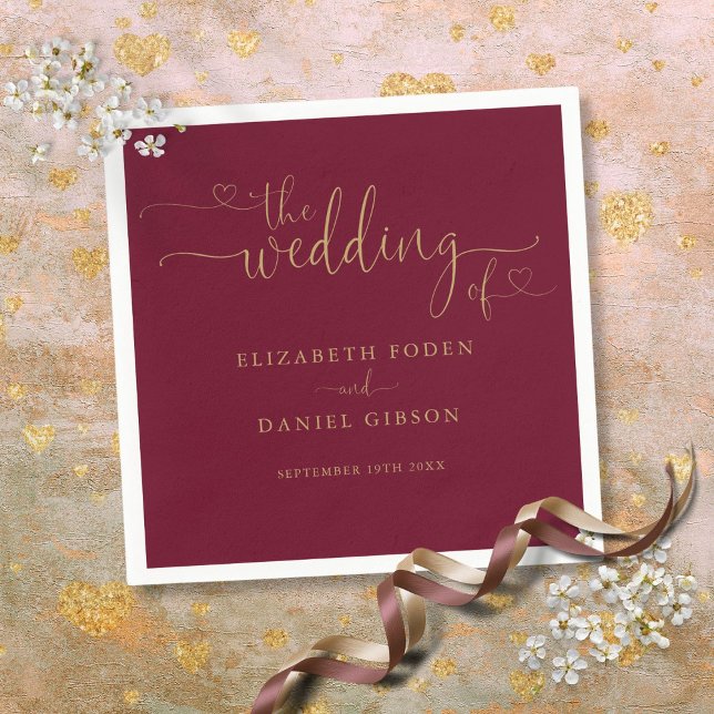 Burgundy And Gold Heart Script Wedding Napkins (Burgundy And Gold Heart Script Wedding Napkins)
