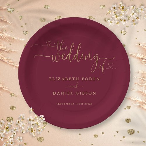 Burgundy And Gold Heart Script Wedding Paper Plates