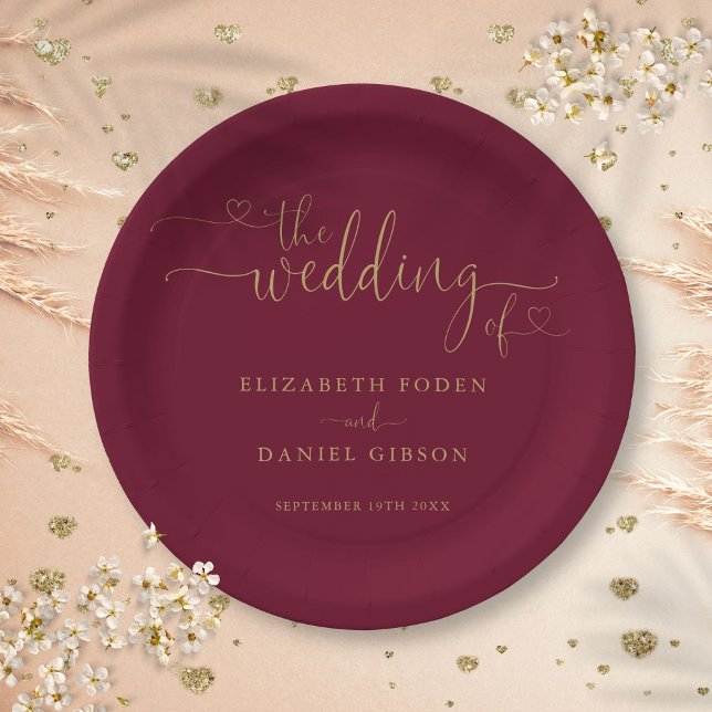 Burgundy And Gold Heart Script Wedding Paper Plates (Burgundy And Gold Heart Script Wedding Paper Plates)