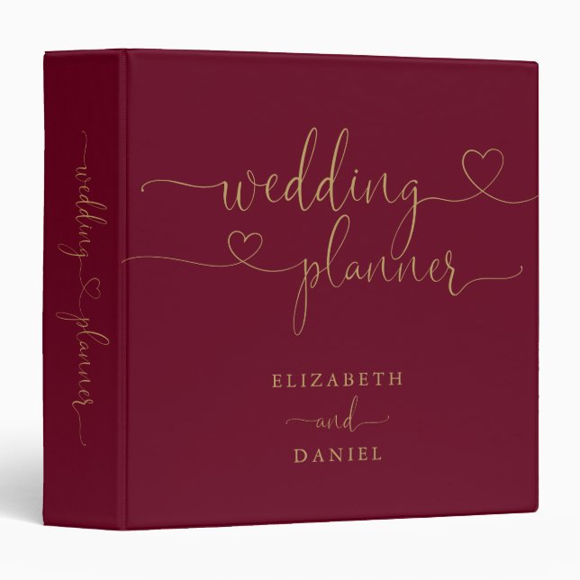 Burgundy And Gold Heart Script Wedding Planner 3 Ring Binder (Front/Spine)