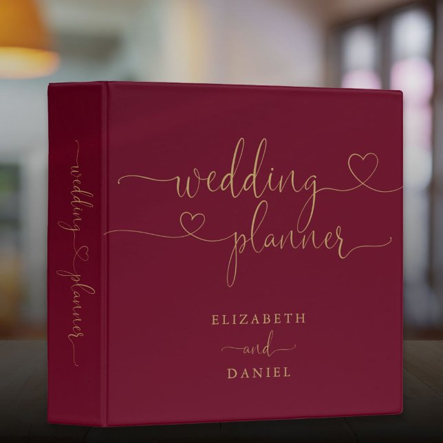 Burgundy And Gold Heart Script Wedding Planner 3 Ring Binder (Burgundy And Gold Heart Script Wedding Planner 3 Ring Binder)