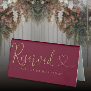 Burgundy And Gold Heart Script Wedding Reserved Table Tent
