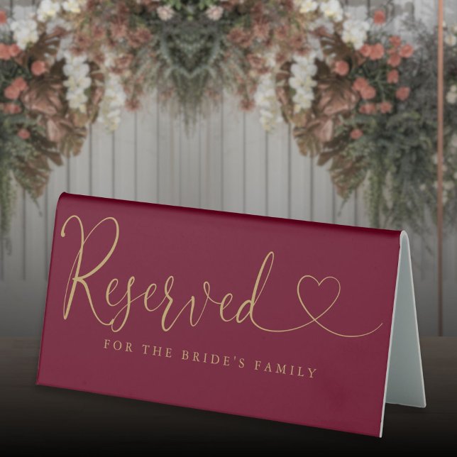Burgundy And Gold Heart Script Wedding Reserved Table Tent (Burgundy And Gold Heart Script Wedding Reserved Table Tent)