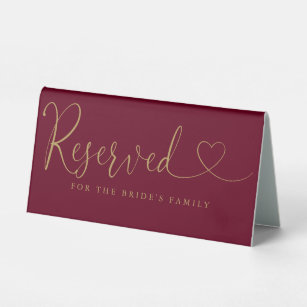 Burgundy And Gold Heart Script Wedding Reserved Table Tent Sign