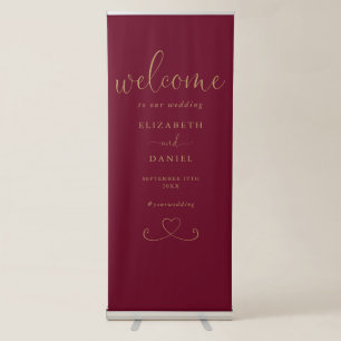 Burgundy And Gold Heart Script Wedding Welcome Retractable Banner