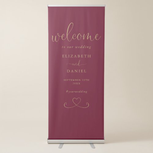 Burgundy And Gold Heart Script Wedding Welcome Retractable Banner