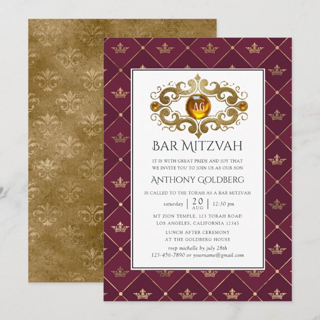Burgundy and Gold Heraldic Monogram Bar Mitzvah Invitation (Front/Back)