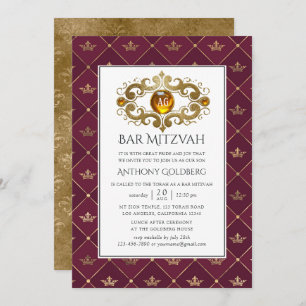 Burgundy and Gold Heraldic Monogram Bar Mitzvah Invitation