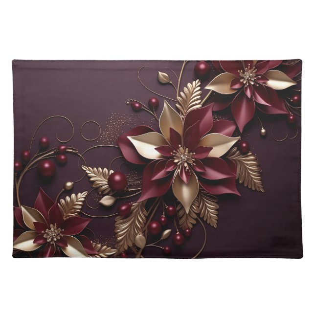 BURGUNDY AND GOLD HOLIDAY FLOWERS CLOTH PLACEMAT (Front)
