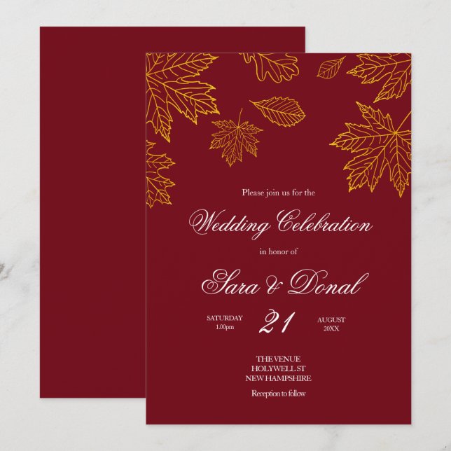 Burgundy and Gold Leaf Autumn Wedding Invitation (Front/Back)