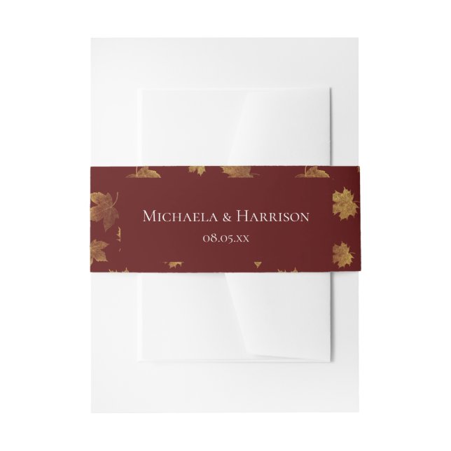 Burgundy and Gold Leaf Autumn Wedding Invitation Belly Band (Front Example)