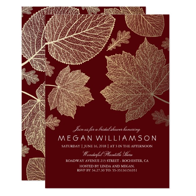 Burgundy And Gold Leaves Fall Bridal Shower Invitation