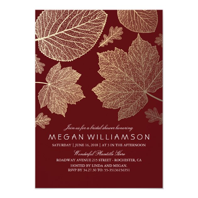 Burgundy And Gold Leaves Fall Bridal Shower Invitation