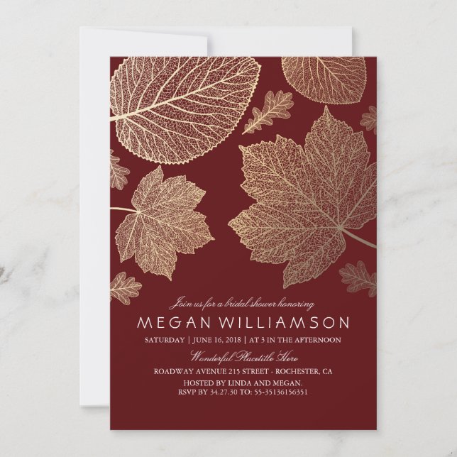 Burgundy and Gold Leaves Fall Bridal Shower Invitation (Front)