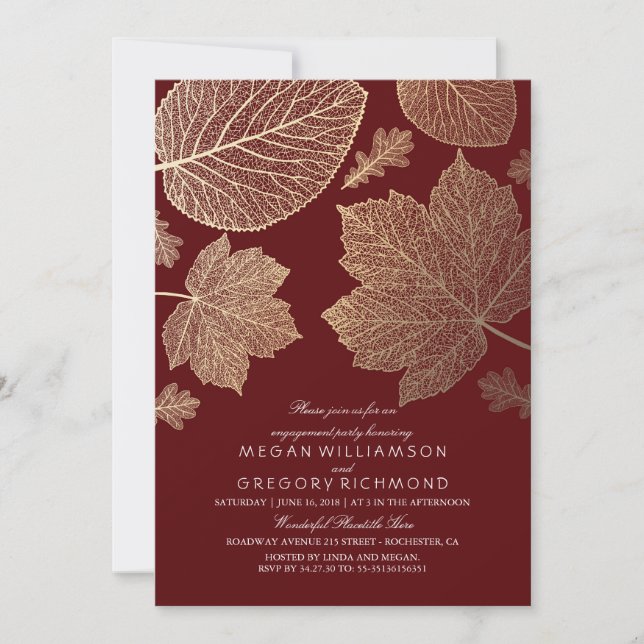 Burgundy and Gold Leaves Fall Engagement Party Invitation (Front)