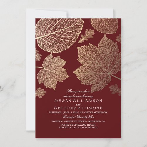 Burgundy and Gold Leaves Fall Rehearsal Dinner Invitation