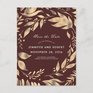 Burgundy and Gold Leaves Fall Save the Date Announcement Postcard