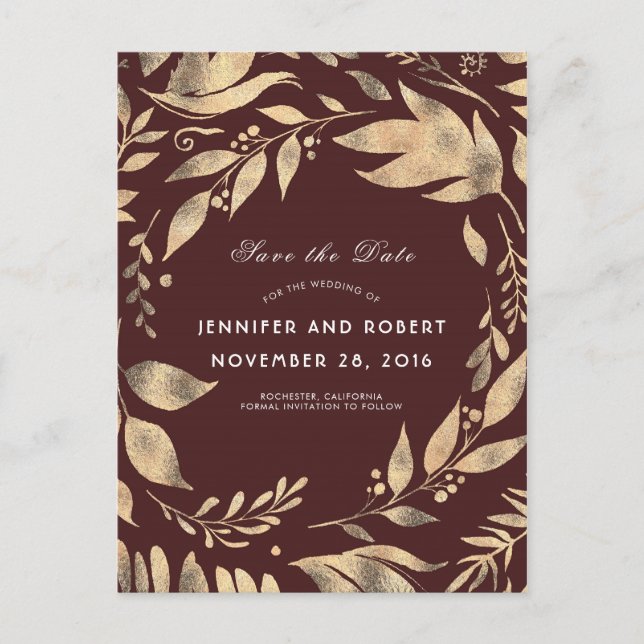 Burgundy and Gold Leaves Fall Save the Date Announcement Postcard (Front)