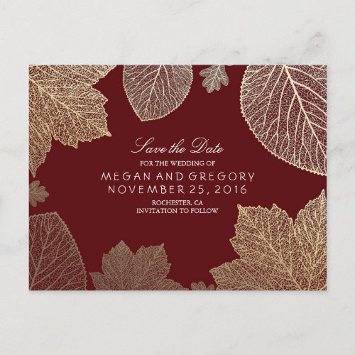 burgundy and gold leaves fall save the date announcement postcard