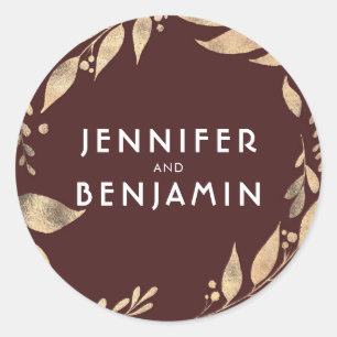 Burgundy and Gold Leaves Fall Wedding Classic Round Sticker