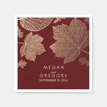 Burgundy And Gold Leaves Fall Wedding Paper Napkins by jinaiji at Zazzle