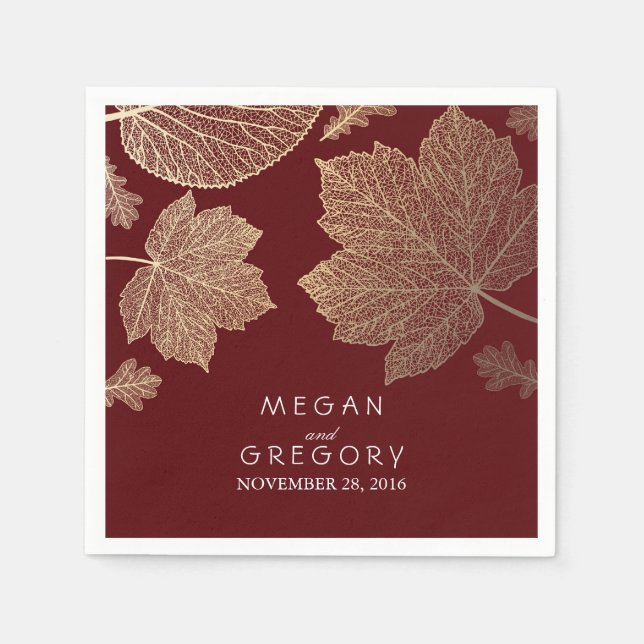 Burgundy and Gold Leaves Fall Wedding Paper Napkins (Front)