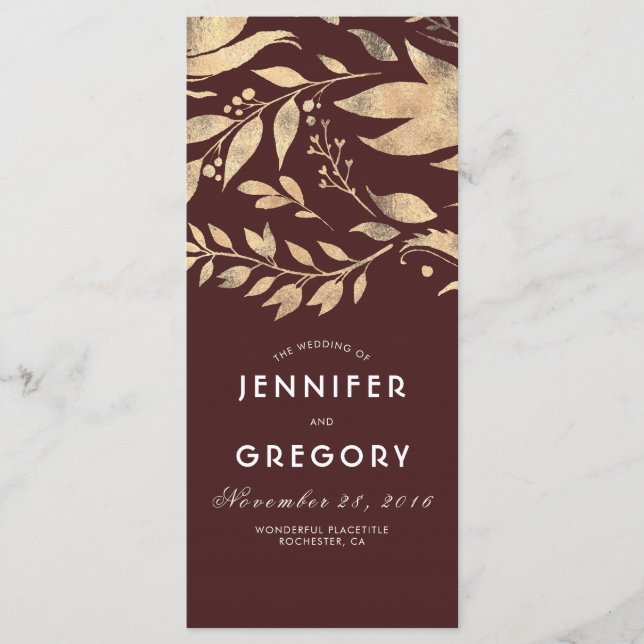 Burgundy and Gold Leaves Fall Wedding Programs (Front)