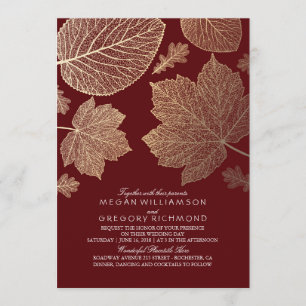Burgundy and Gold Leaves Vintage Fall Wedding Invitation