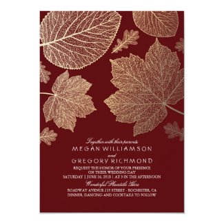 Burgundy and Gold Leaves Vintage Fall Wedding Invitation