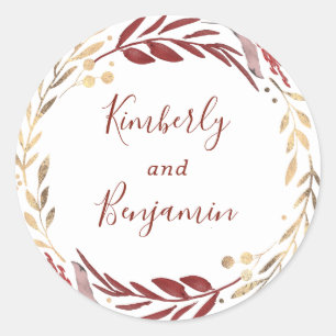 Burgundy and Gold Leaves Wreath Wedding Classic Round Sticker