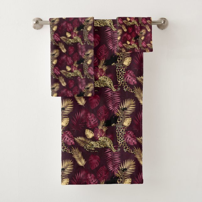 Burgundy and Gold Leopard Series Design 12 Bath Towel Set (Insitu)