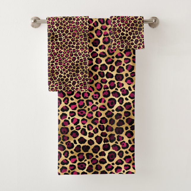 Burgundy and Gold Leopard Series Design 2 Bath Towel Set (Insitu)