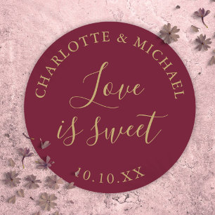 Burgundy And Gold Love Is Sweet Wedding Favor  Classic Round Sticker