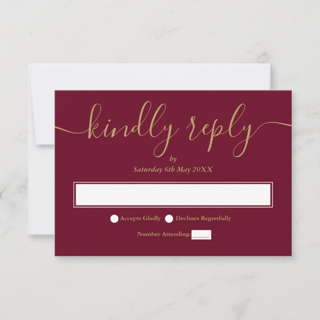 Burgundy And Gold Minimalist Elegant Script RSVP Card (Front)