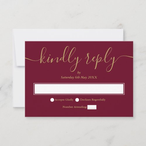 Burgundy And Gold Minimalist Elegant Script RSVP Card