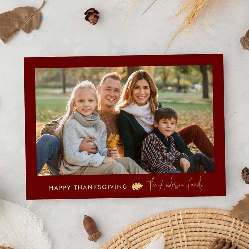 Burgundy and Gold Minimalist Thanksgiving 2 Photo Foil Holiday Card