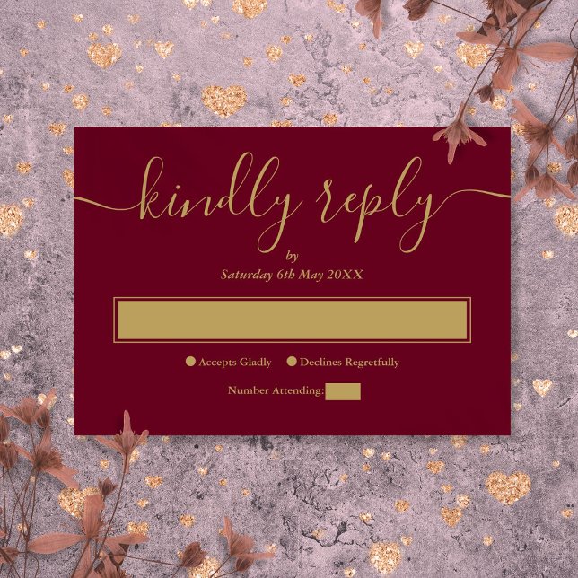 Burgundy and Gold Modern Minimalist Elegant Script RSVP Card (Burgundy and Gold Modern Minimalist Elegant Script RSVP Card)