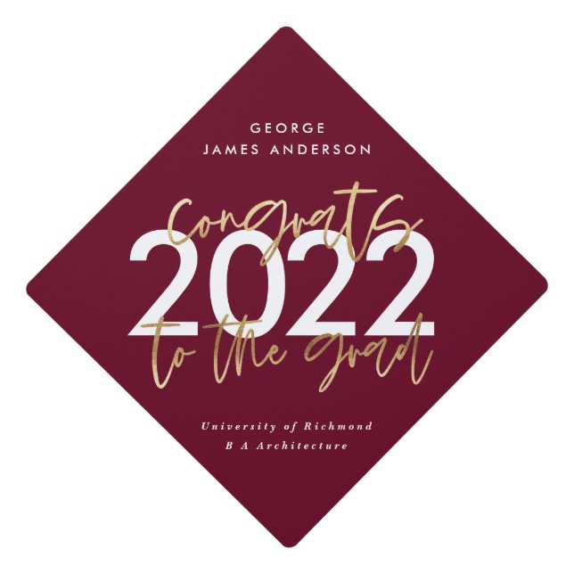 burgundy and gold modern script photo graduation cap topper (Front)