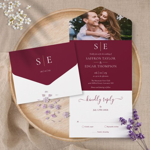 Burgundy And Gold Monogram Photo Wedding All In One Invitation