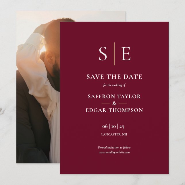 Burgundy and Gold Monogram Photo Wedding Save The Date (Front/Back)