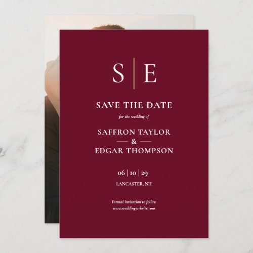Burgundy and Gold Monogram Photo Wedding Save The Date