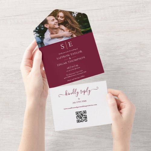 Burgundy And Gold Monogram QR Code Photo Wedding All In One Invitation