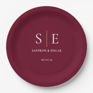 Burgundy And Gold Monogram Wedding Paper Plates