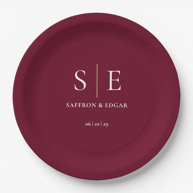 Burgundy And Gold Monogram Wedding Paper Plates (Front)