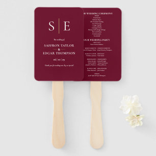 Burgundy And Gold Monogram Wedding Program Hand Fan