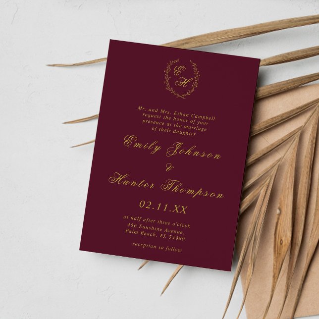 Burgundy and Gold Monogram Wreath Wedding Invitation (Creator Uploaded)