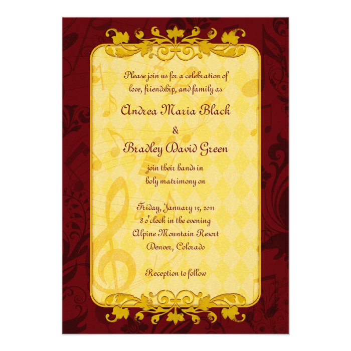 Burgundy and Gold Music Notes Wedding Invitation