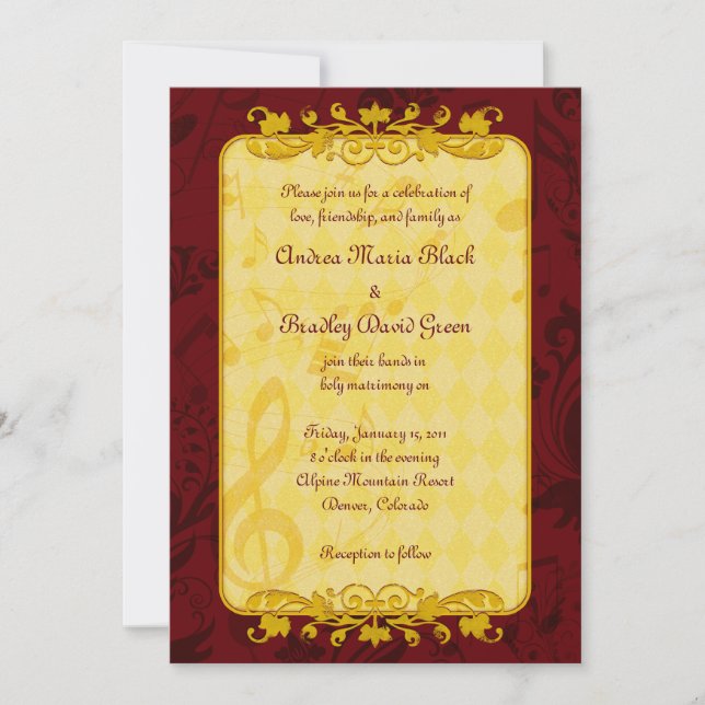 Burgundy and Gold Music Notes Wedding Invitation (Front)