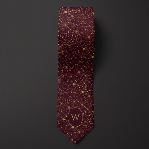 Burgundy and Gold Neuron Network Neck Tie